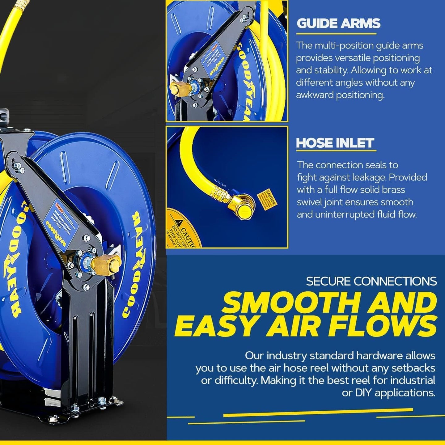 Goodyear Industrial Retractable Air Hose Reel - 1/2" x 50' Ft, 300 PSI Max, 1/2" NPT Connections, Dual Arm Air Hose Reel
