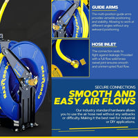Goodyear Industrial Retractable Air Hose Reel - 1/2" x 50' Ft, 300 PSI Max, 1/2" NPT Connections, Dual Arm Air Hose Reel