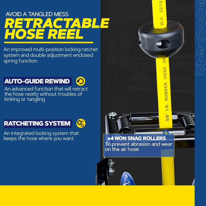 Goodyear Industrial Retractable Air Hose Reel - 1/2" x 50' Ft, 300 PSI Max, 1/2" NPT Connections, Dual Arm Air Hose Reel