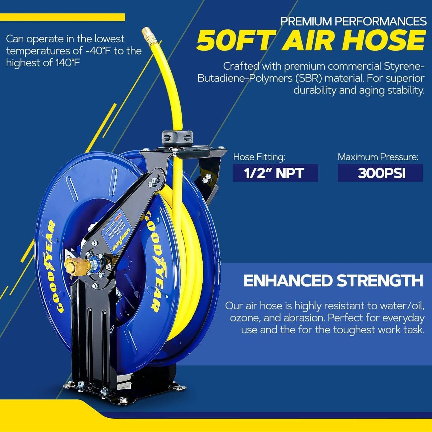 Goodyear Industrial Retractable Air Hose Reel - 1/2" x 50' Ft, 300 PSI Max, 1/2" NPT Connections, Dual Arm Air Hose Reel