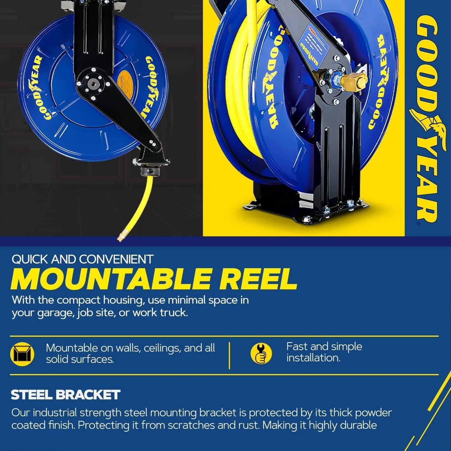 Goodyear Industrial Retractable Air Hose Reel - 1/2" x 50' Ft, 300 PSI Max, 1/2" NPT Connections, Dual Arm Air Hose Reel