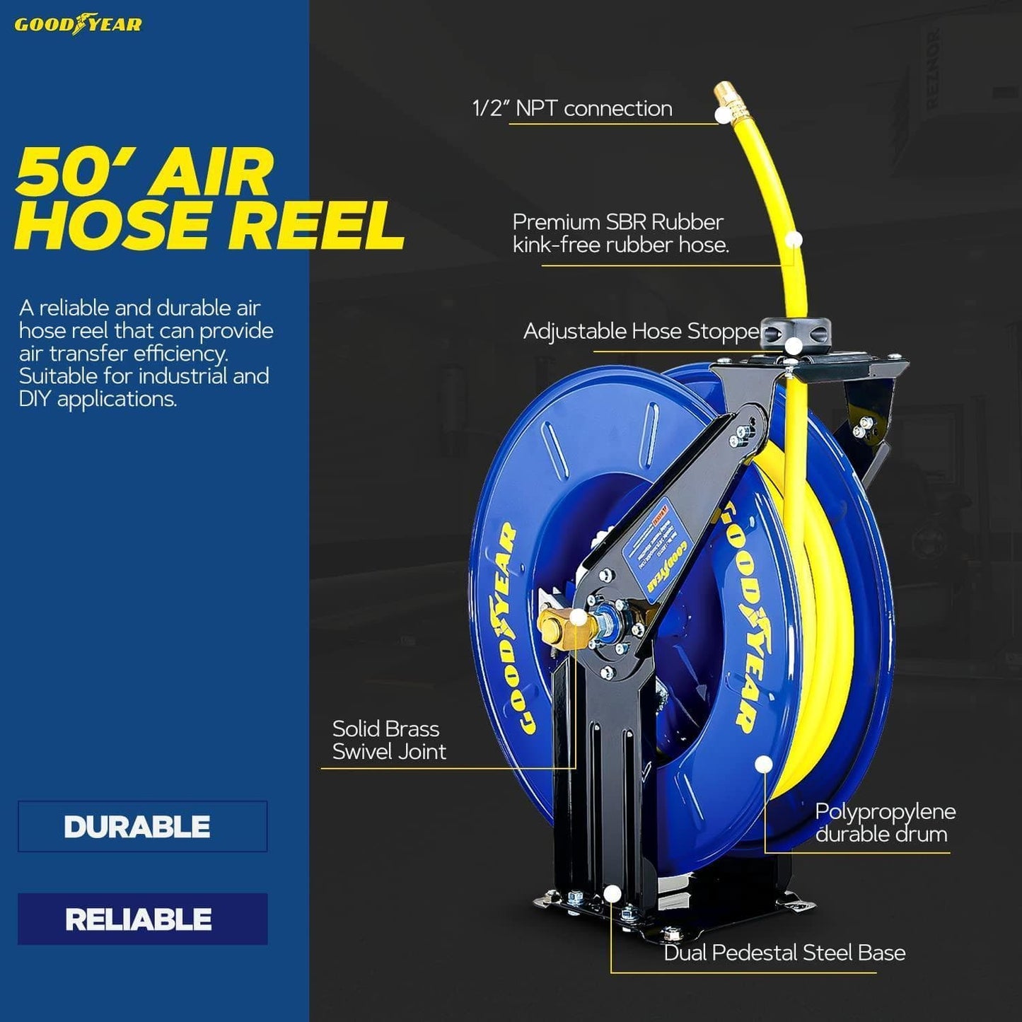 Goodyear Industrial Retractable Air Hose Reel - 1/2" x 50' Ft, 300 PSI Max, 1/2" NPT Connections, Dual Arm Air Hose Reel