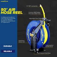 Goodyear Industrial Retractable Air Hose Reel - 1/2" x 50' Ft, 300 PSI Max, 1/2" NPT Connections, Dual Arm Air Hose Reel