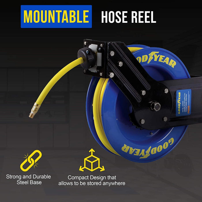 Goodyear Industrial Retractable Air Hose Reel - 3/8" x 25' Ft, 300 PSI Max, 1/4" NPT Connections, Single Arm Air Hose Reel