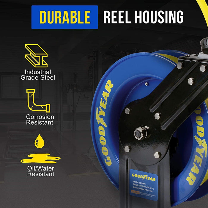 Goodyear Industrial Retractable Air Hose Reel - 3/8" x 25' Ft, 300 PSI Max, 1/4" NPT Connections, Single Arm Air Hose Reel