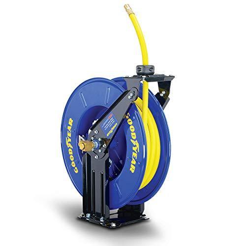 Goodyear Industrial Retractable Air Hose Reel - 3/8" x 50' Ft, 300 PSI Max, 1/4" NPT Connections, Dual Arm Air Hose Reel