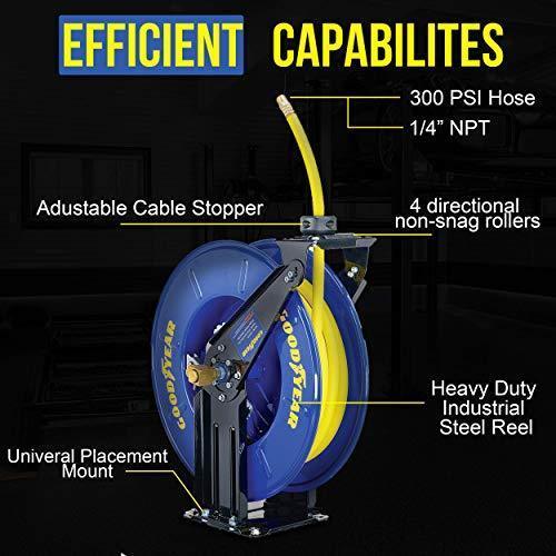 Goodyear Industrial Retractable Air Hose Reel - 3/8" x 50' Ft, 300 PSI Max, 1/4" NPT Connections, Dual Arm Air Hose Reel