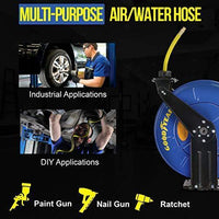 Goodyear Industrial Retractable Air Hose Reel - 3/8" x 50' Ft, 300 PSI Max, 1/4" NPT Connections, Dual Arm Air Hose Reel
