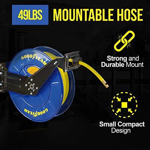 Goodyear Industrial Retractable Air Hose Reel - 3/8" x 50' Ft, 300 PSI Max, 1/4" NPT Connections, Dual Arm Air Hose Reel