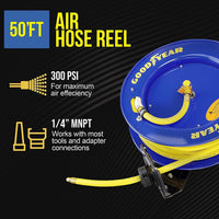 Goodyear Industrial Retractable Air Hose Reel - 3/8" x 50' Ft, 300 PSI Max, 1/4" NPT Connections, Single Arm Air Hose Reel