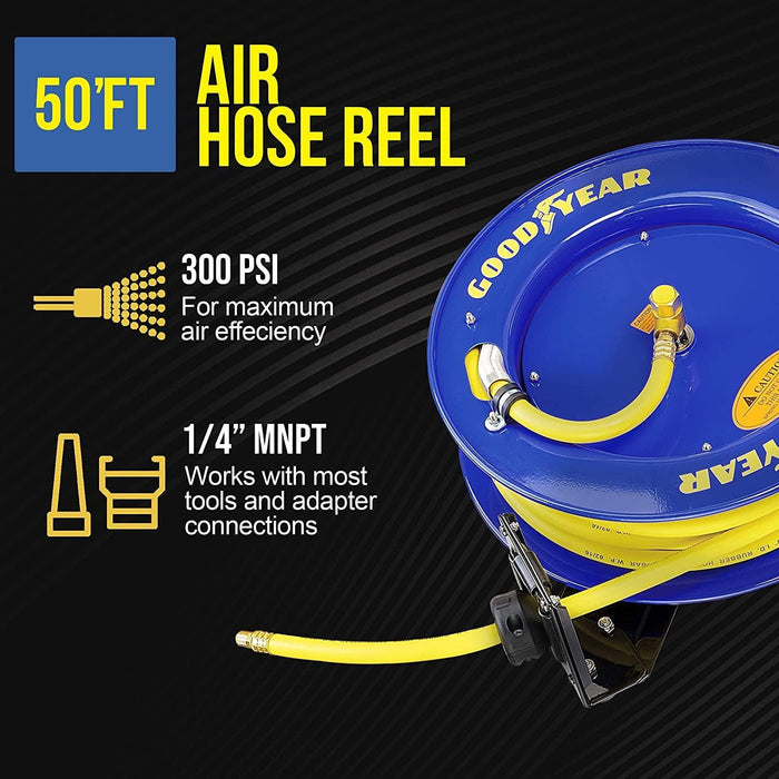 Goodyear Industrial Retractable Air Hose Reel - 3/8" x 50' Ft, 300 PSI Max, 1/4" NPT Connections, Single Arm Air Hose Reel