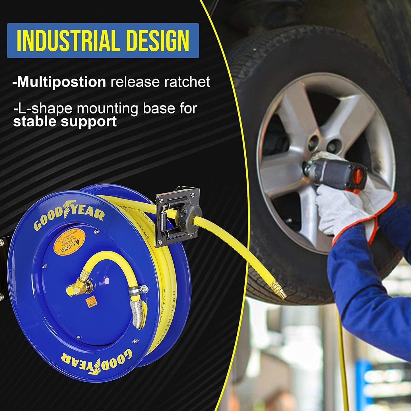 Goodyear Industrial Retractable Air Hose Reel - 3/8" x 50' Ft, 300 PSI Max, 1/4" NPT Connections, Single Arm Air Hose Reel