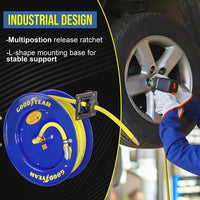 Goodyear Industrial Retractable Air Hose Reel - 3/8" x 50' Ft, 300 PSI Max, 1/4" NPT Connections, Single Arm Air Hose Reel