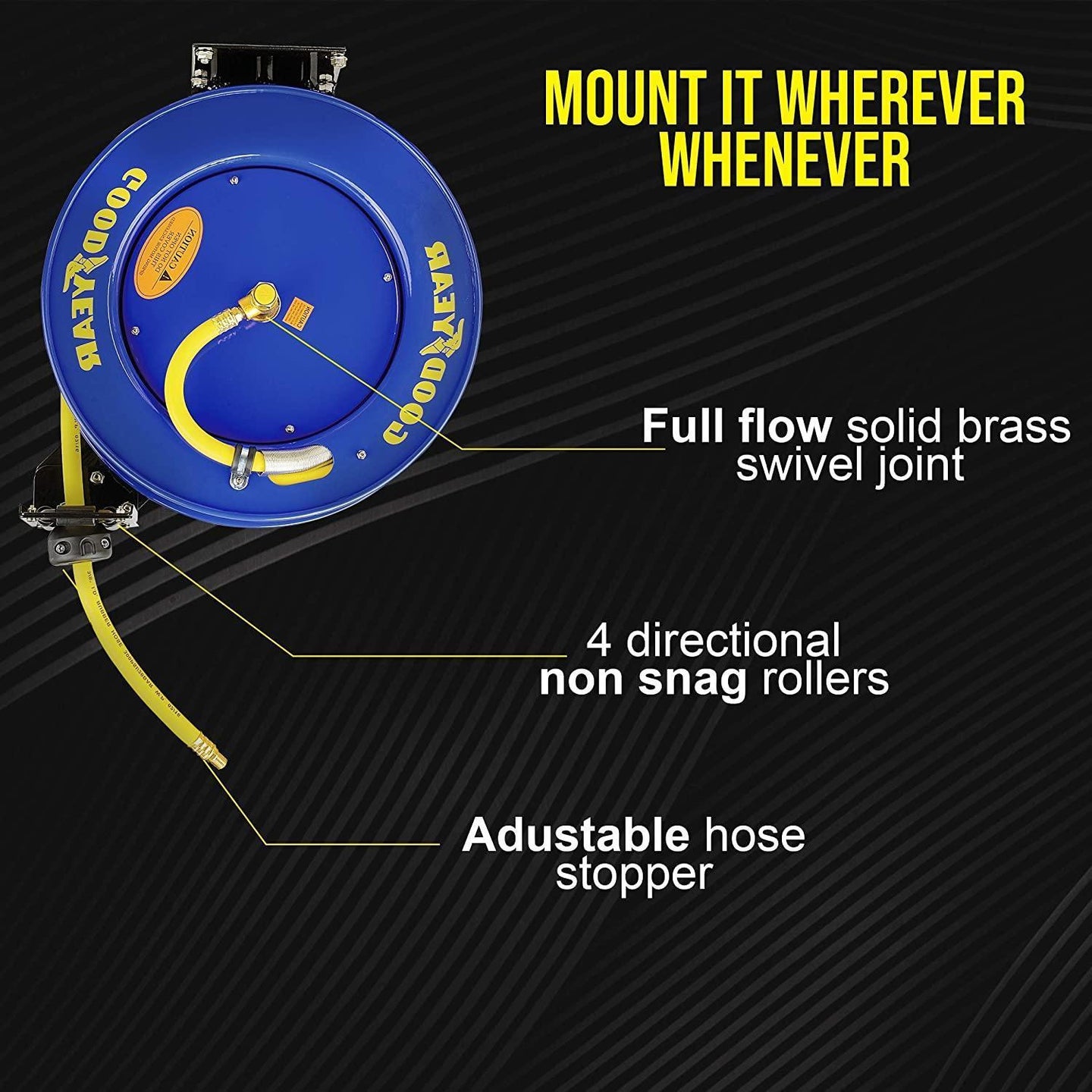Goodyear Industrial Retractable Air Hose Reel - 3/8" x 50' Ft, 300 PSI Max, 1/4" NPT Connections, Single Arm Air Hose Reel