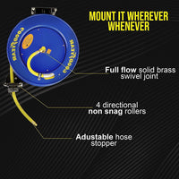 Goodyear Industrial Retractable Air Hose Reel - 3/8" x 50' Ft, 300 PSI Max, 1/4" NPT Connections, Single Arm Air Hose Reel