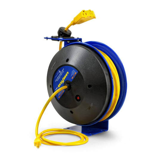 Goodyear Industrial Retractable Extension Cord Reel - 12AWG x 50' Ft, 3 Grounded Outlets, Max 13A Cord Reel