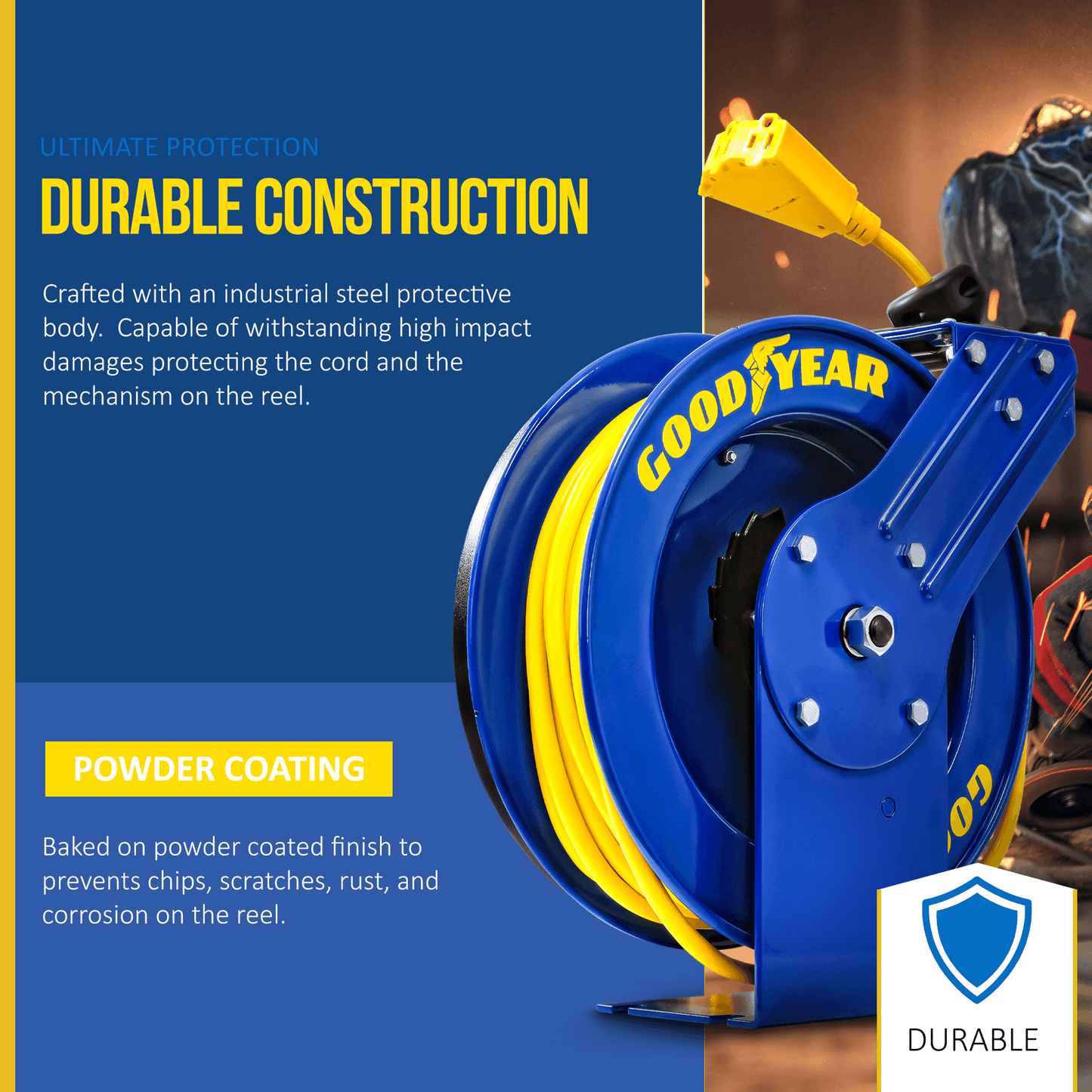 Goodyear Industrial Retractable Extension Cord Reel - 12AWG x 50' Ft, 3 Grounded Outlets, Max 13A Cord Reel