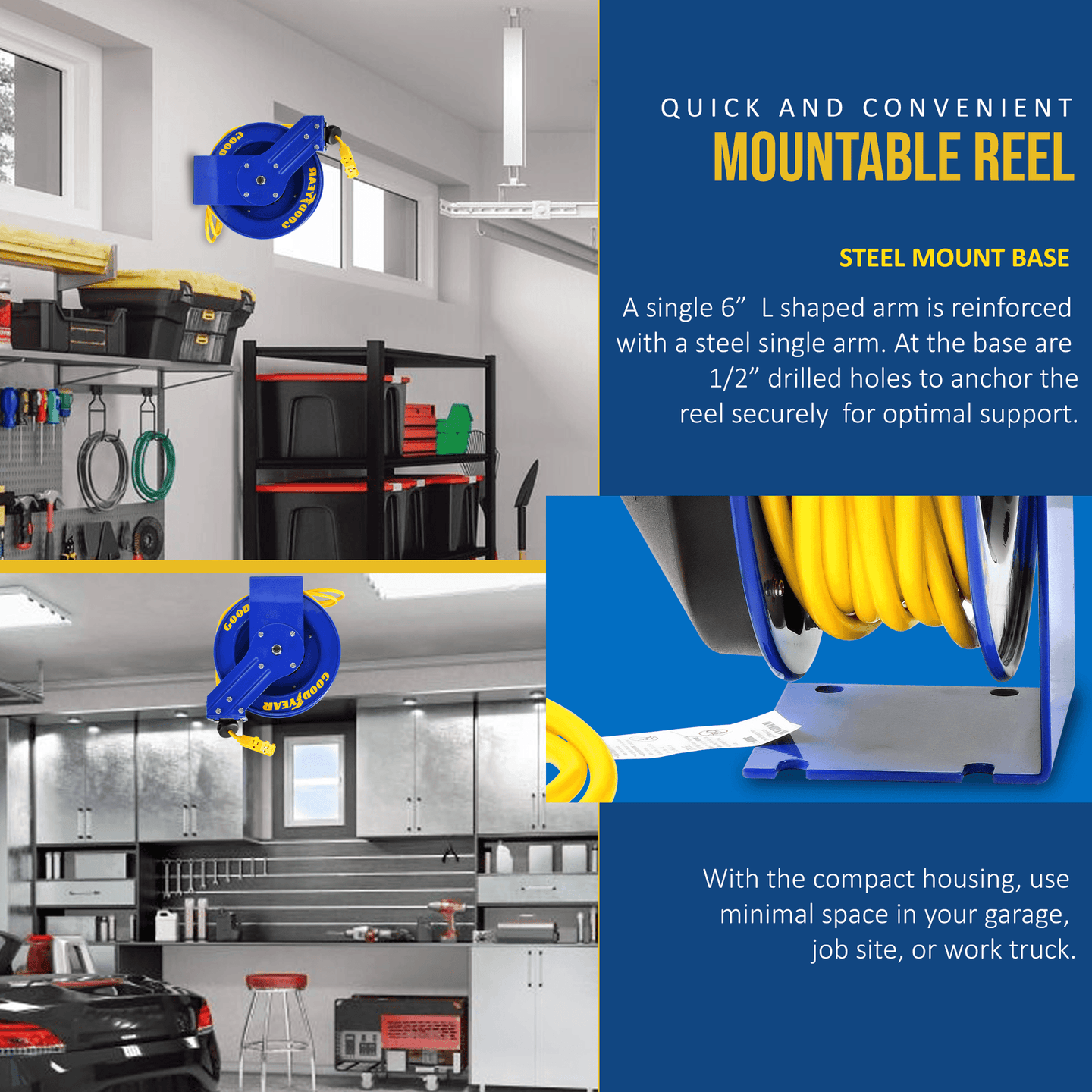 Goodyear Industrial Retractable Extension Cord Reel - 12AWG x 50' Ft, 3 Grounded Outlets, Max 13A Cord Reel