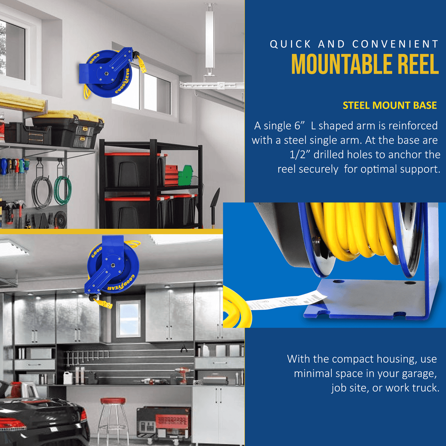Goodyear Industrial Retractable Extension Cord Reel - 12AWG x 50' Ft, 3 Grounded Outlets, Max 13A Cord Reel
