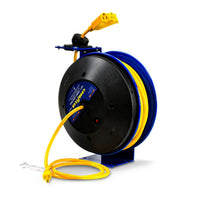 Goodyear Industrial Retractable Extension Cord Reel - 14AWG x 100' Ft, 3 Grounded Outlets, Max 13A Cord Reel