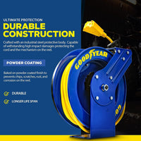 Goodyear Industrial Retractable Extension Cord Reel - 14AWG x 100' Ft, 3 Grounded Outlets, Max 13A Cord Reel