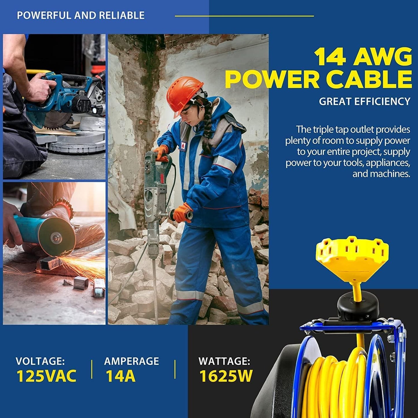 Goodyear Industrial Retractable Extension Cord Reel - 14AWG x 100' Ft, 3 Grounded Outlets, Max 13A Cord Reel