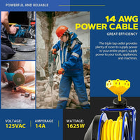 Goodyear Industrial Retractable Extension Cord Reel - 14AWG x 100' Ft, 3 Grounded Outlets, Max 13A Cord Reel