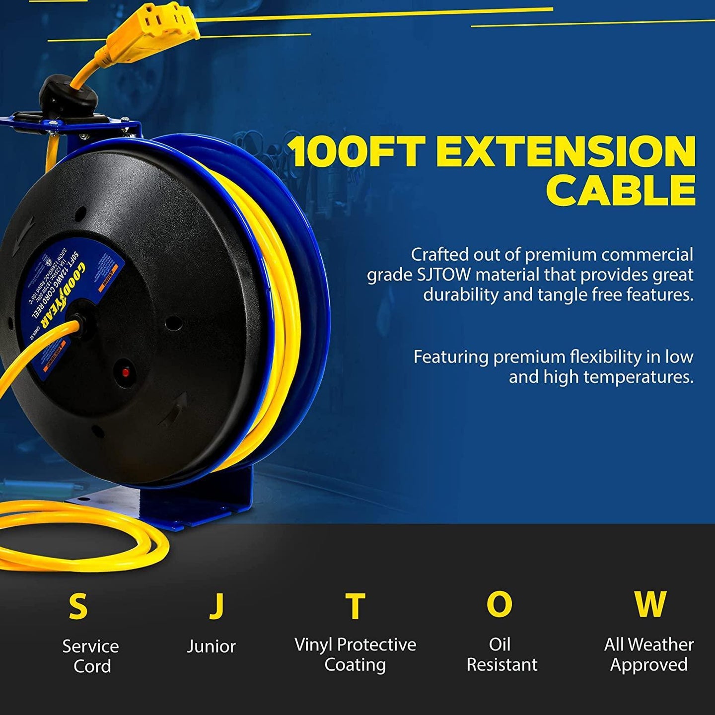Goodyear Industrial Retractable Extension Cord Reel - 14AWG x 100' Ft, 3 Grounded Outlets, Max 13A Cord Reel