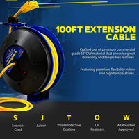 Goodyear Industrial Retractable Extension Cord Reel - 14AWG x 100' Ft, 3 Grounded Outlets, Max 13A Cord Reel