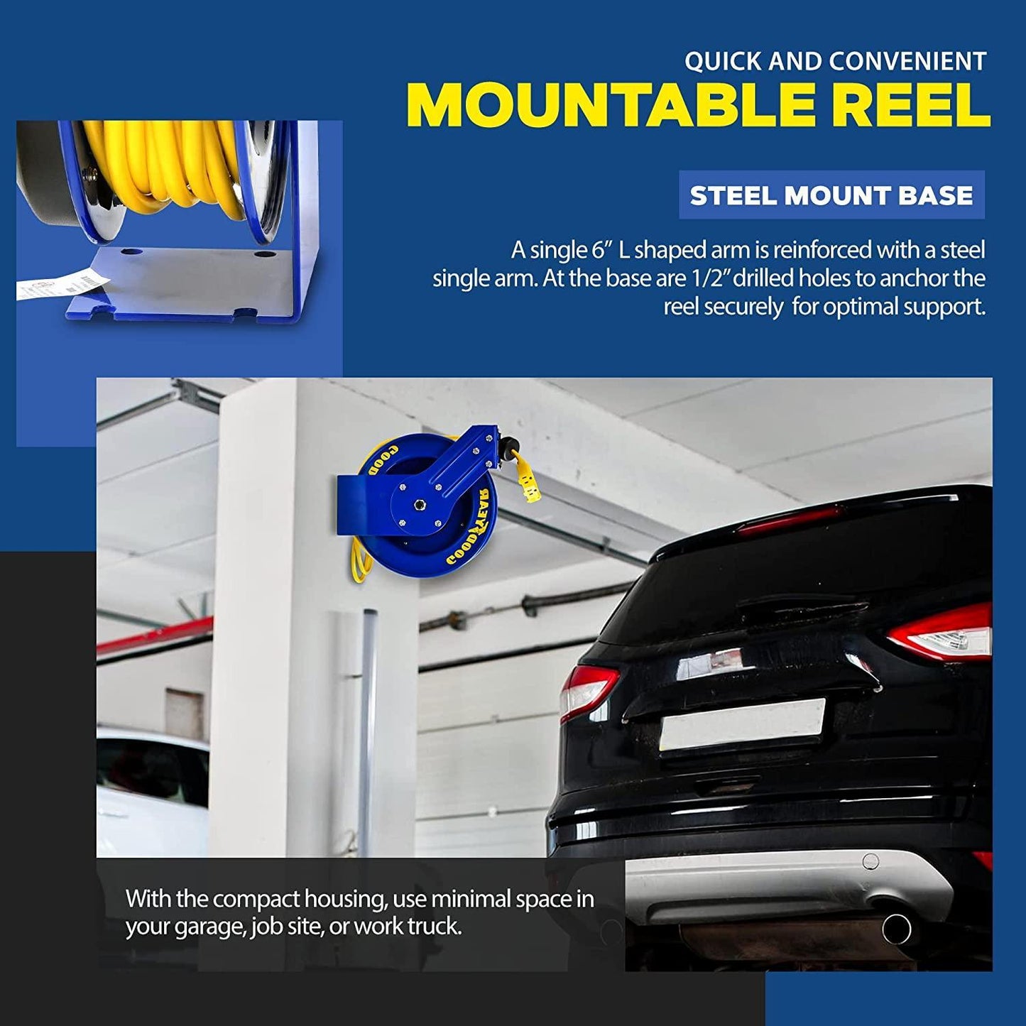 Goodyear Industrial Retractable Extension Cord Reel - 14AWG x 100' Ft, 3 Grounded Outlets, Max 13A Cord Reel