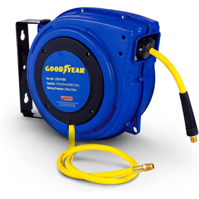 Goodyear Mountable Retractable Air Hose Reel - 1/4" x  50' Ft, 3' Ft Lead-In Hose, 1/4" NPT Connections Air Hose Reel