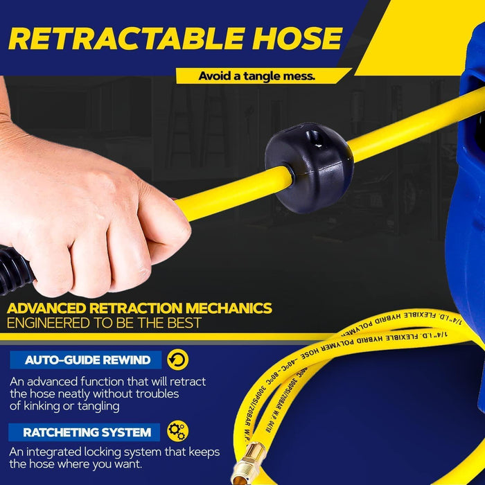 Goodyear Mountable Retractable Air Hose Reel - 1/4 x 50' Ft, 3' Ft Le