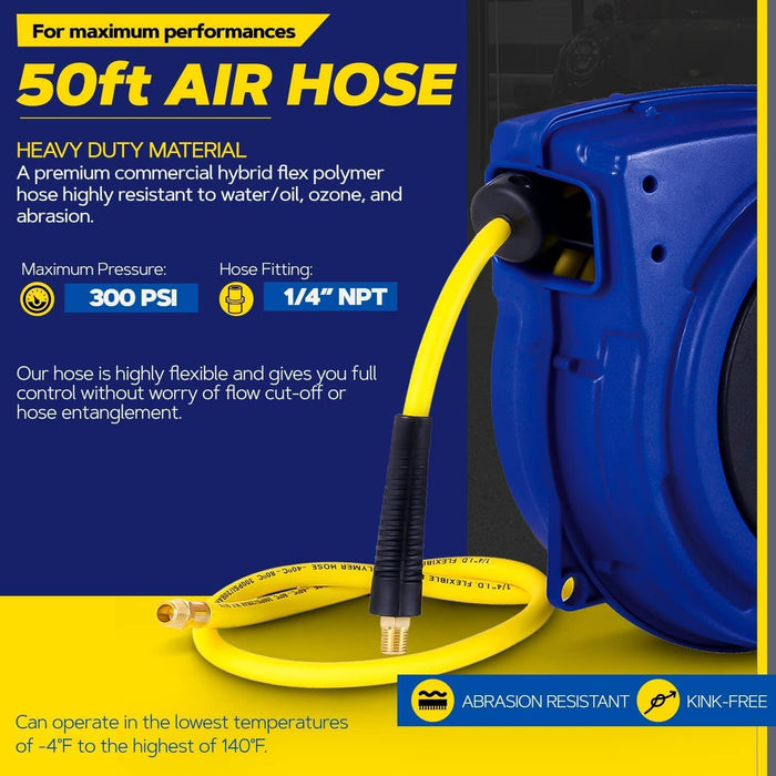 Goodyear Mountable Retractable Air Hose Reel - 1/4" x  50' Ft, 3' Ft Lead-In Hose, 1/4" NPT Connections Air Hose Reel