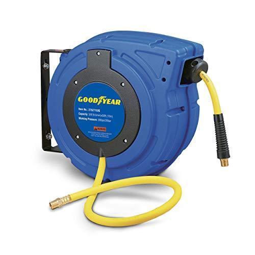 Goodyear Mountable Retractable Air Hose Reel - 3/8" x  50' Ft, 3' Ft Lead-In Hose, 1/4" NPT Connections Air Hose Reel