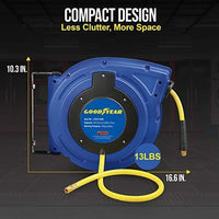 Goodyear Mountable Retractable Air Hose Reel - 3/8" x  50' Ft, 3' Ft Lead-In Hose, 1/4" NPT Connections Air Hose Reel