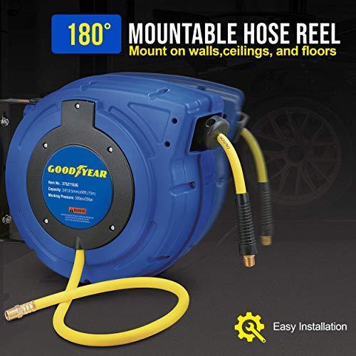 Goodyear Mountable Retractable Air Hose Reel - 3/8" x  50' Ft, 3' Ft Lead-In Hose, 1/4" NPT Connections Air Hose Reel