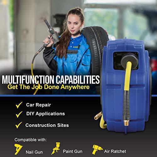 Goodyear Mountable Retractable Air Hose Reel - 3/8" x  50' Ft, 3' Ft Lead-In Hose, 1/4" NPT Connections Air Hose Reel