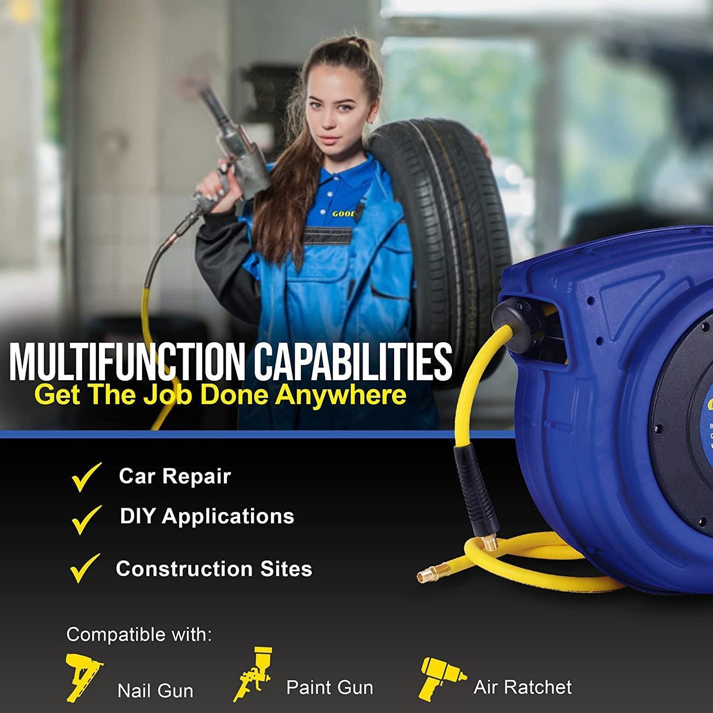 Goodyear Mountable Retractable Air Hose Reel - 3/8" x  65' Ft, 3' Ft Lead-In Hose, 1/4" NPT Connections Air Hose Reel
