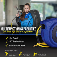 Goodyear Mountable Retractable Air Hose Reel - 3/8" x  65' Ft, 3' Ft Lead-In Hose, 1/4" NPT Connections Air Hose Reel