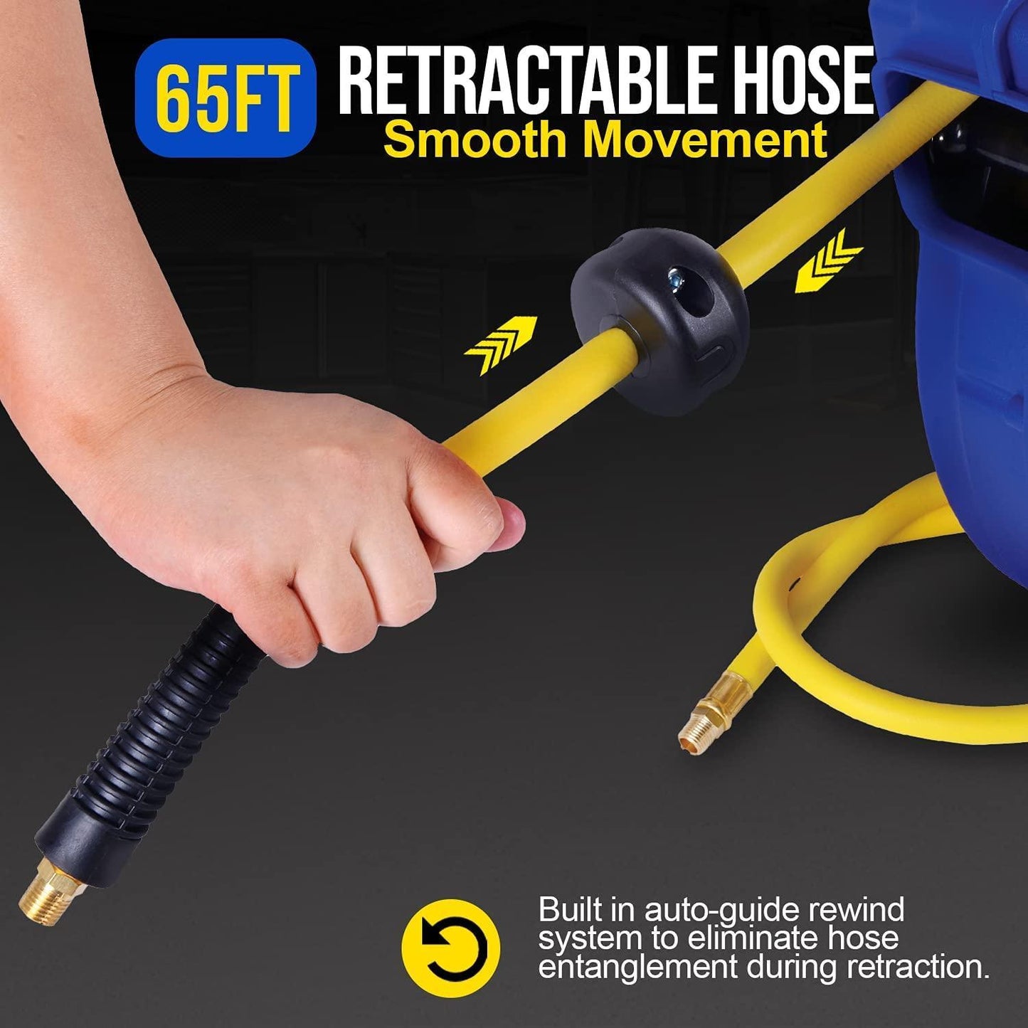 Goodyear Mountable Retractable Air Hose Reel - 3/8" x  65' Ft, 3' Ft Lead-In Hose, 1/4" NPT Connections Air Hose Reel