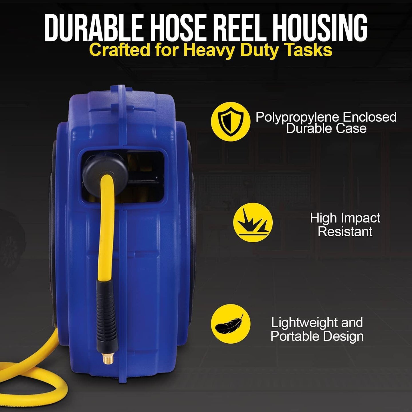 Goodyear Mountable Retractable Air Hose Reel - 3/8" x  65' Ft, 3' Ft Lead-In Hose, 1/4" NPT Connections Air Hose Reel