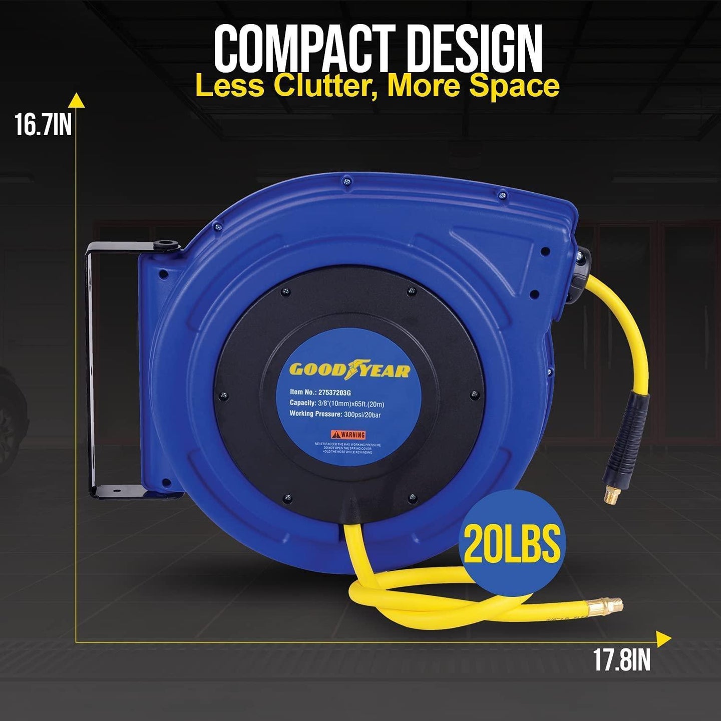 Goodyear Mountable Retractable Air Hose Reel - 3/8" x  65' Ft, 3' Ft Lead-In Hose, 1/4" NPT Connections Air Hose Reel