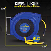 Goodyear Mountable Retractable Air Hose Reel - 3/8" x  65' Ft, 3' Ft Lead-In Hose, 1/4" NPT Connections Air Hose Reel