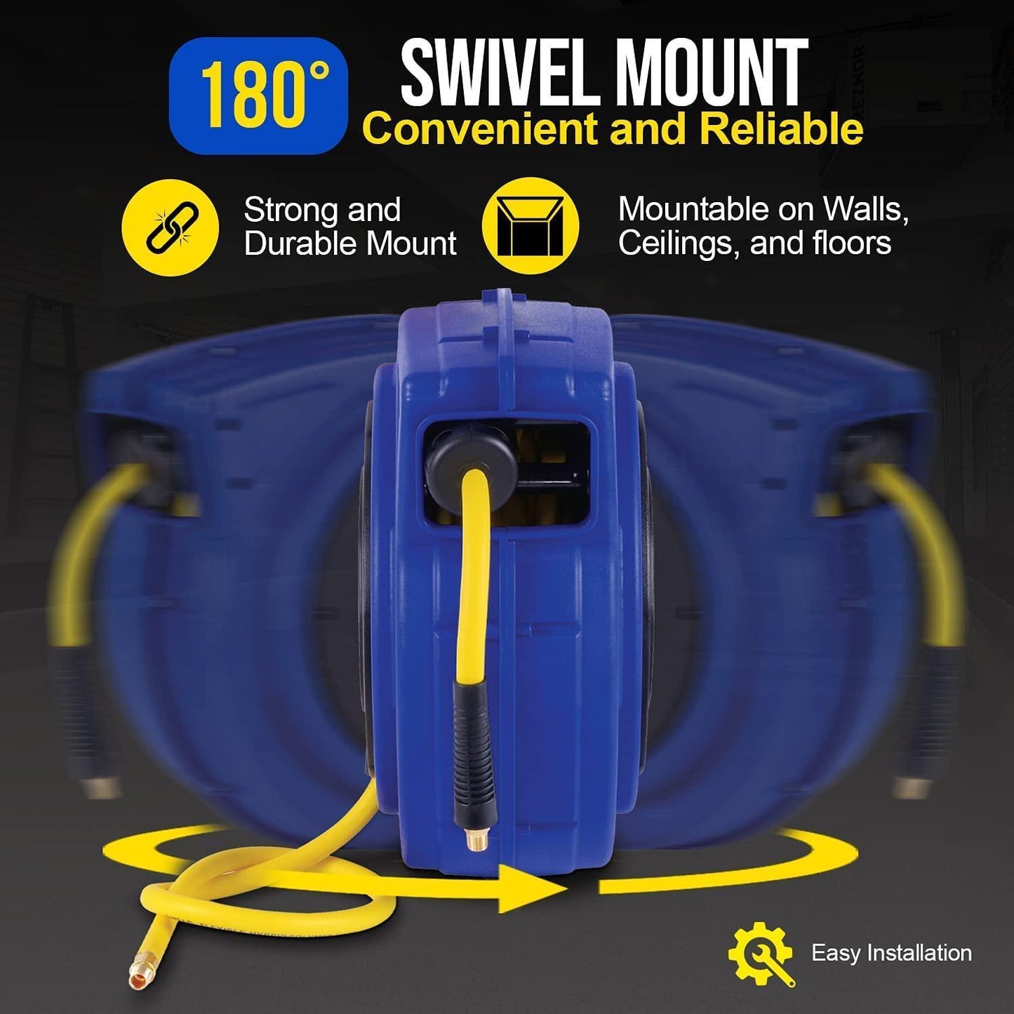 Goodyear Mountable Retractable Air Hose Reel - 3/8" x  65' Ft, 3' Ft Lead-In Hose, 1/4" NPT Connections Air Hose Reel