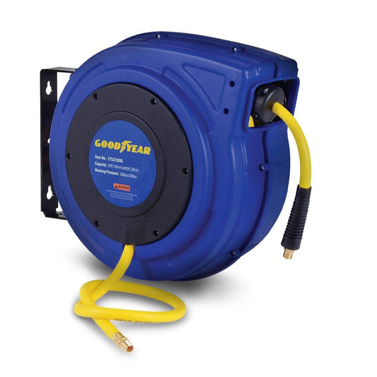 Goodyear Mountable Retractable Air Hose Reel - 3/8" x  65' Ft, 3' Ft Lead-In Hose, 1/4" NPT Connections Air Hose Reel