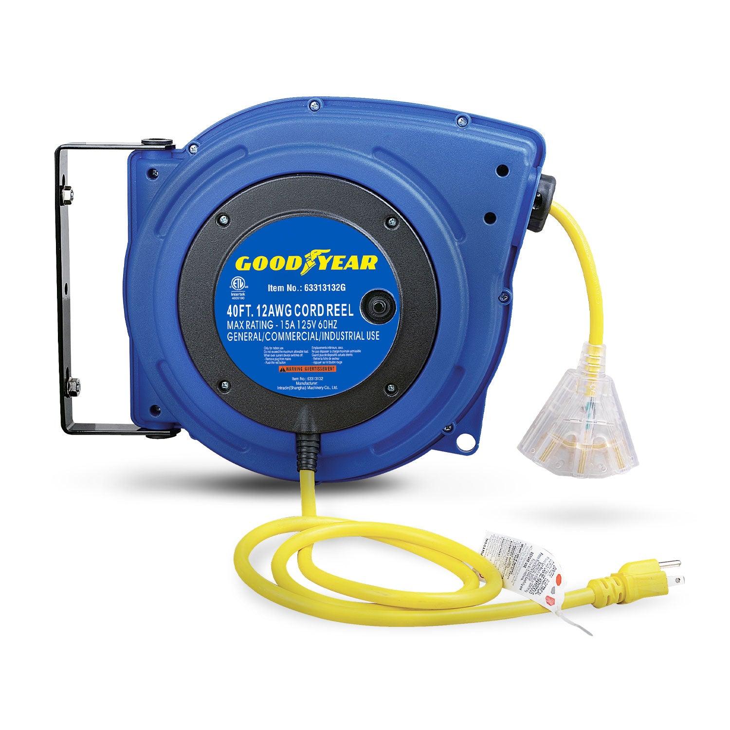Goodyear Extension Cord Reel - 12AWG x 40' Ft, 3 Grounded Outlets