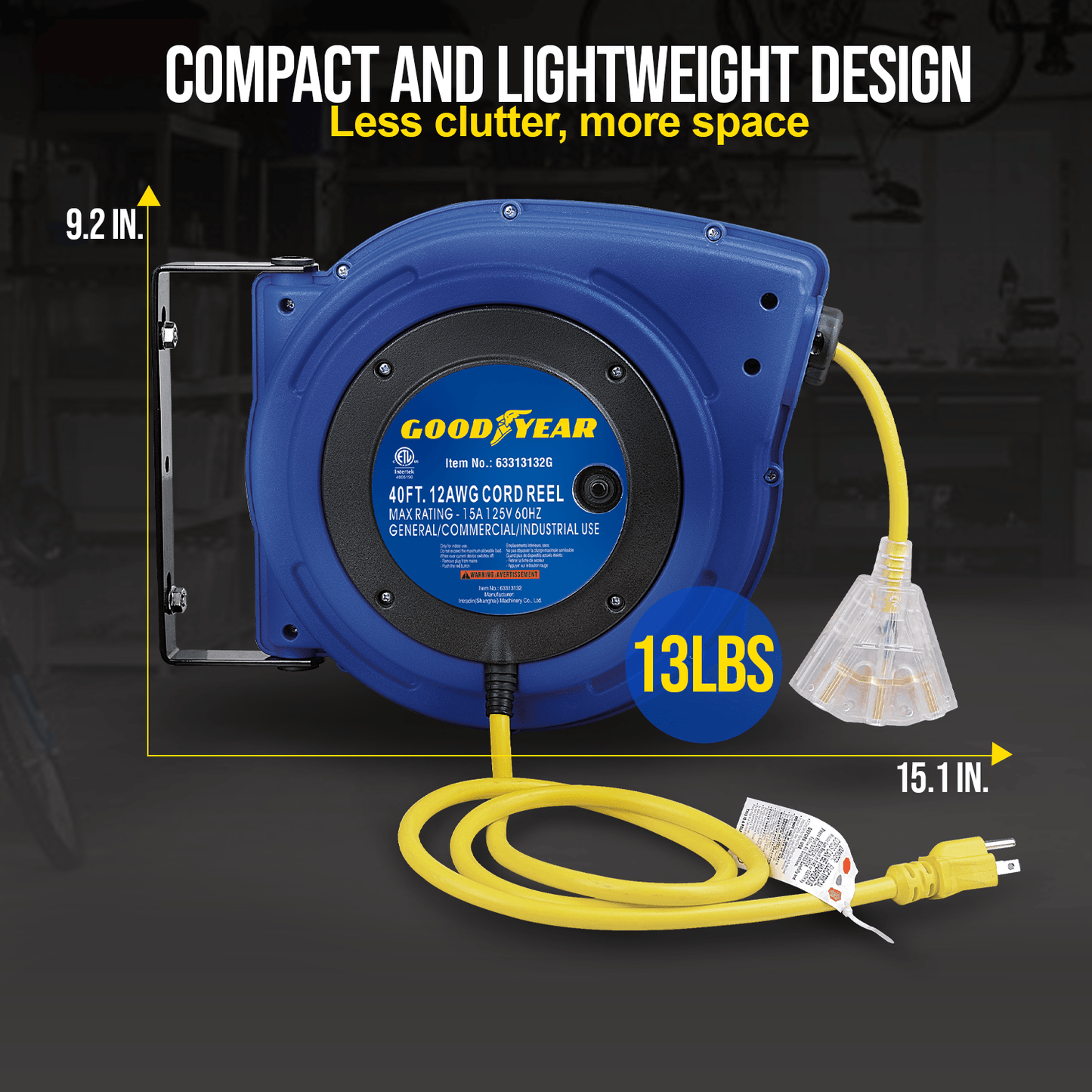 Goodyear Mountable Retractable Extension Cord Reel - 12AWG x 40' Ft, 3 Grounded Outlets, Max 15A Cord Reel
