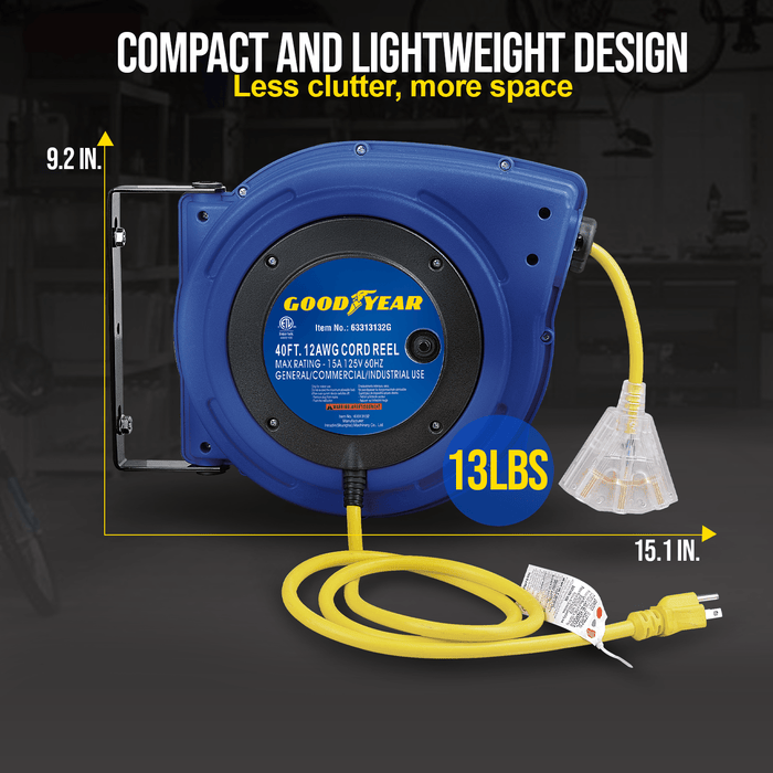 Goodyear Mountable Retractable Extension Cord Reel - 12AWG x 40' Ft, 3 Grounded Outlets, Max 15A Cord Reel