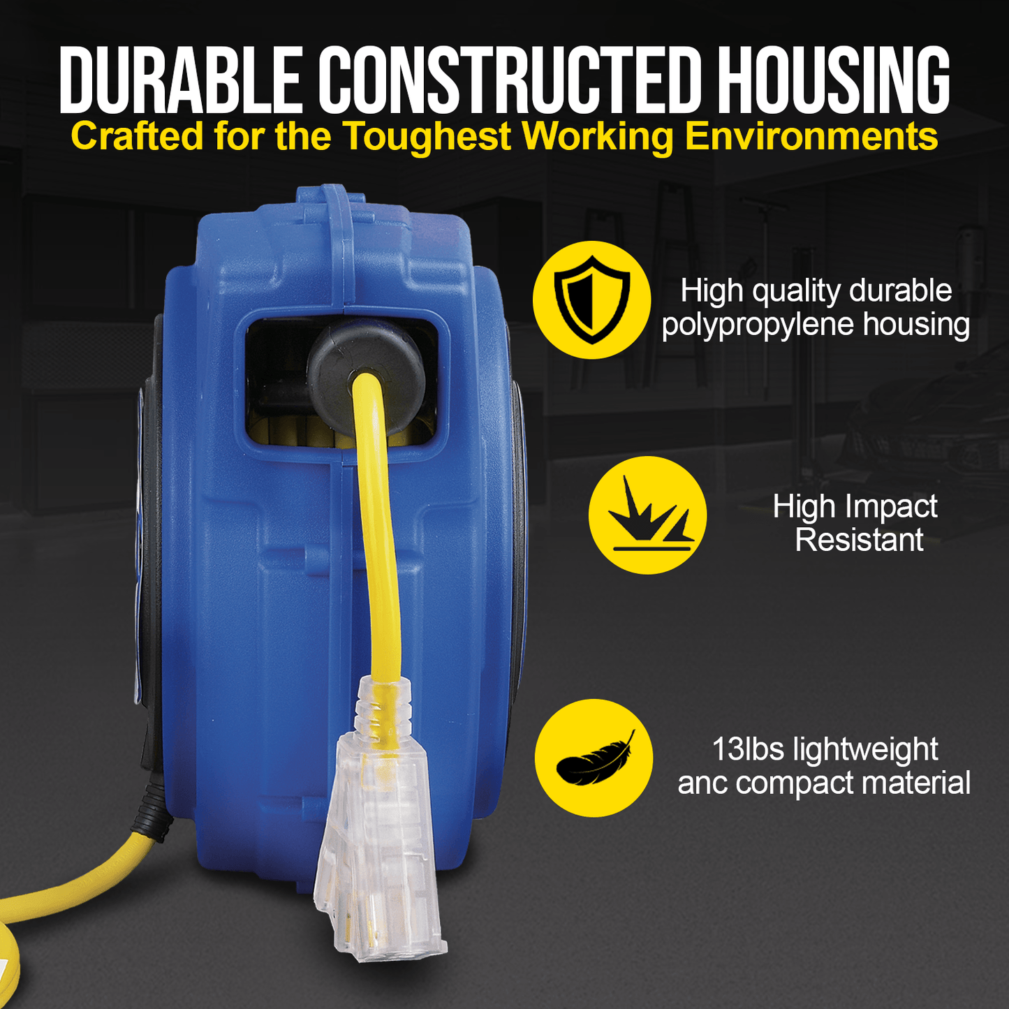 Goodyear Mountable Retractable Extension Cord Reel - 12AWG x 40' Ft, 3 Grounded Outlets, Max 15A Cord Reel