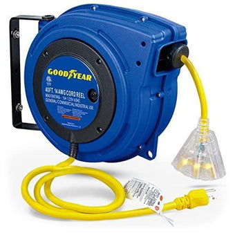 compare product Goodyear Mountable Retractable Extension Cord Reel - 14AWG x 40' Ft, 3 Grounded Outlets, Max 13A